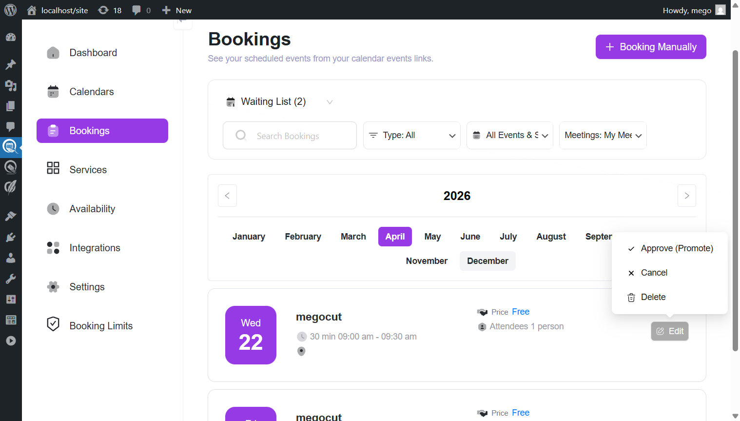 Edit popover showing Approve (Promote), Cancel, and Delete actions for a waiting list booking