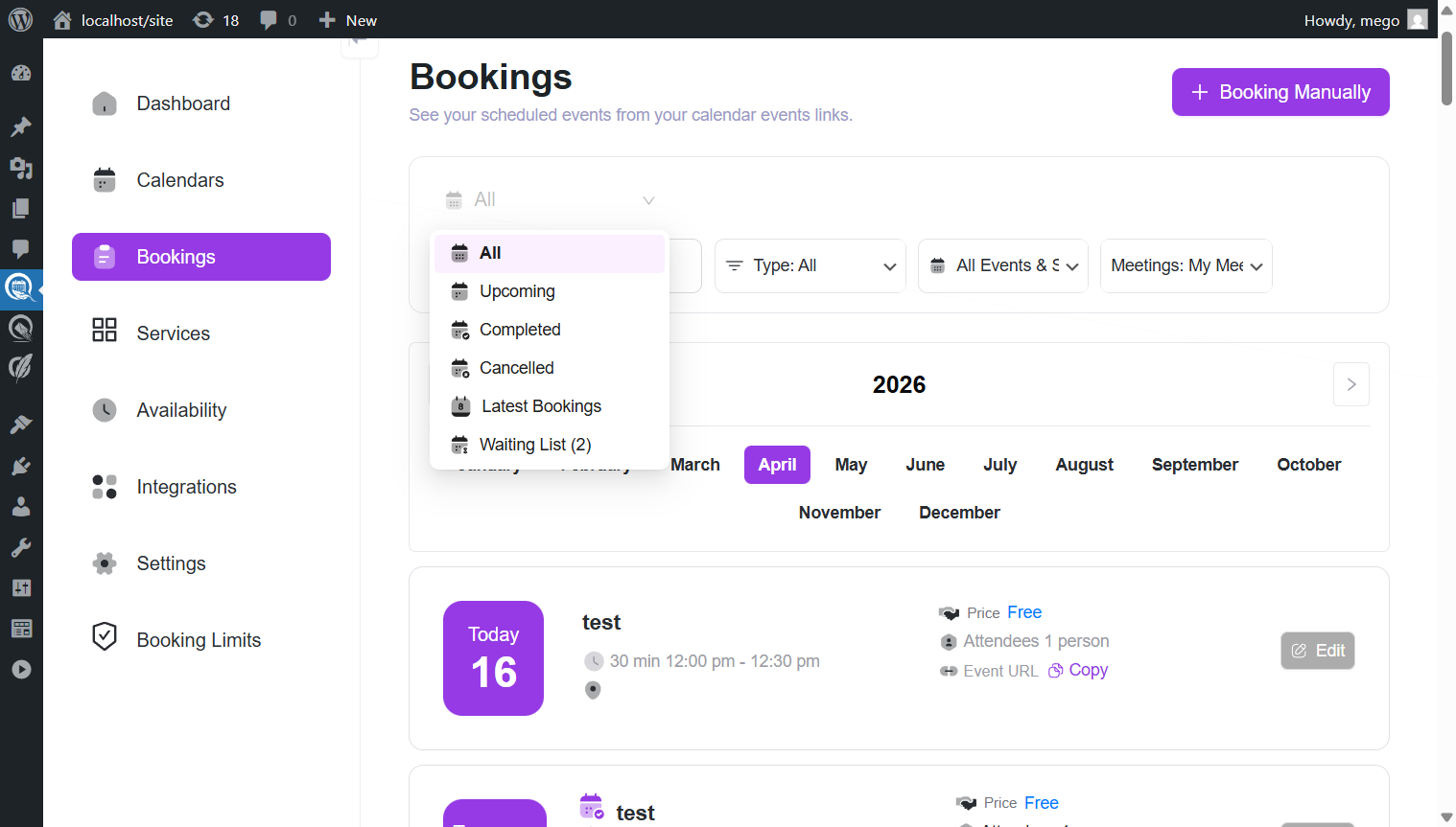 Bookings page dropdown showing All, Upcoming, Completed, Cancelled, Latest Bookings, and Waiting List options