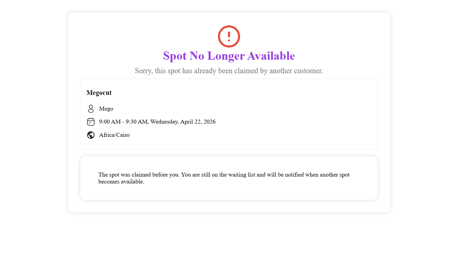 Spot No Longer Available page shown when someone else already claimed the spot