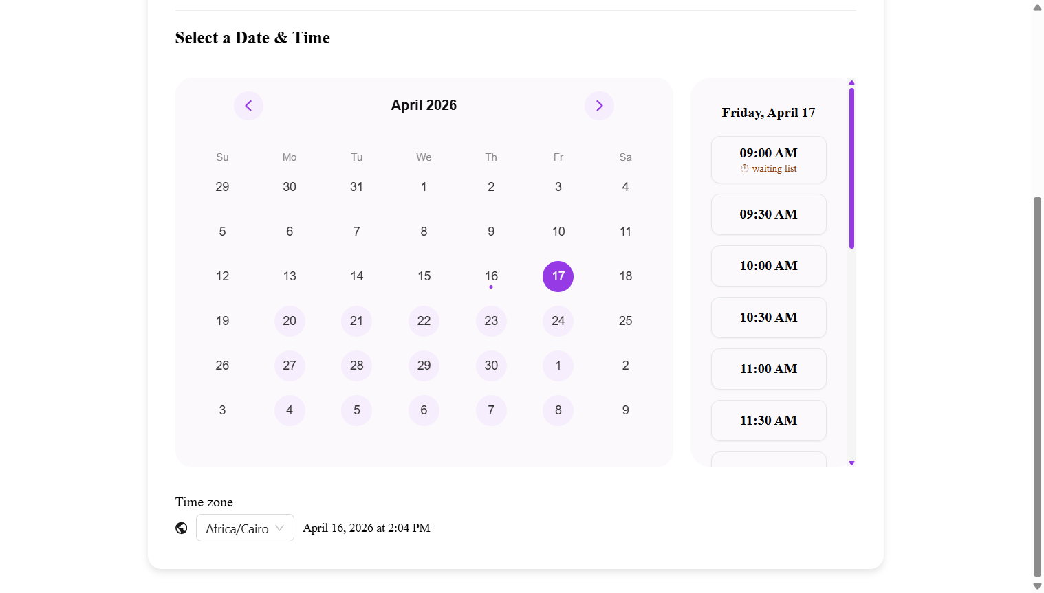 Public booking page showing time slots with a Waiting List badge on a fully booked slot