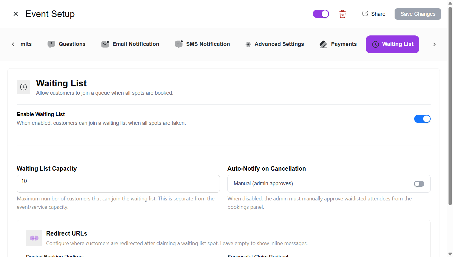 Waiting List settings tab showing capacity, auto-notify, and redirect options