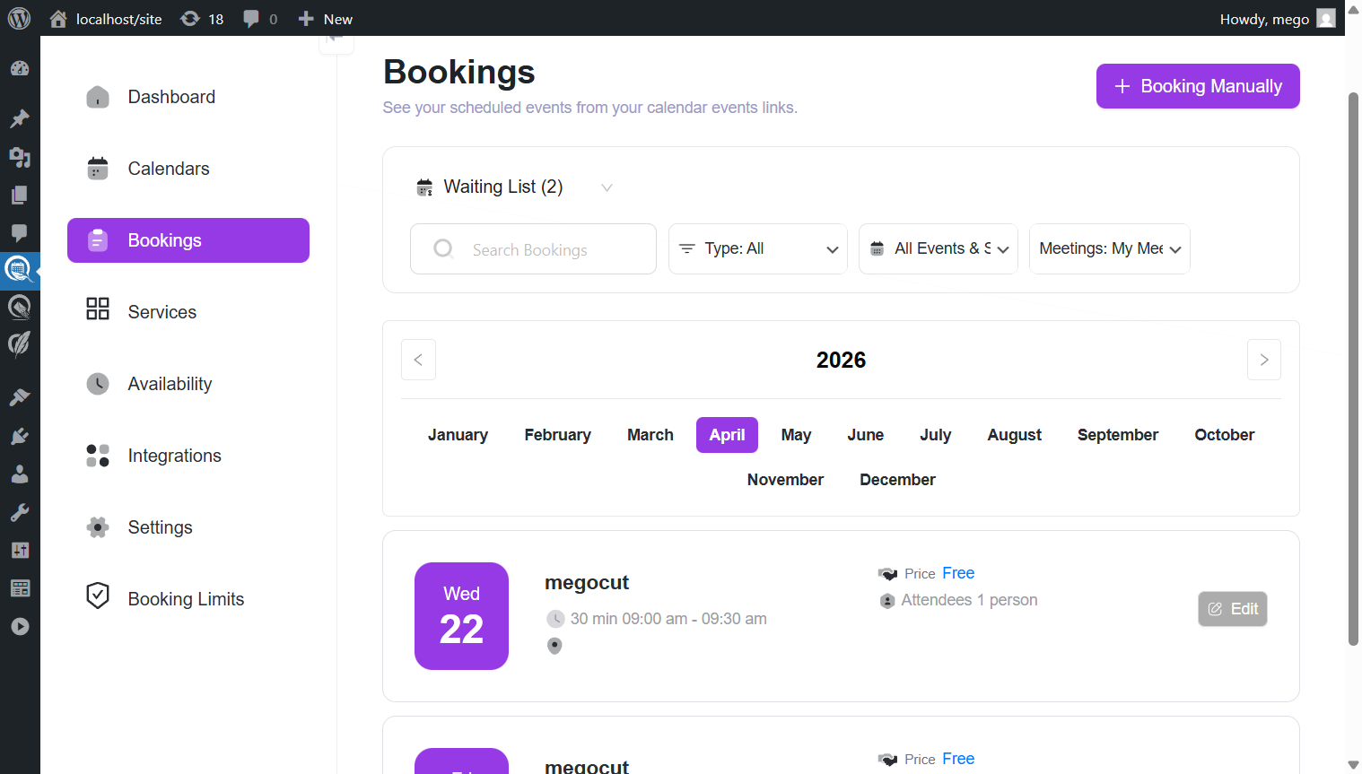 Bookings page with Waiting List selected showing waiting list bookings